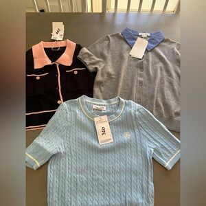 Blue Cable Knit crop top, black with pink crop cardigan,& preppy grey crop